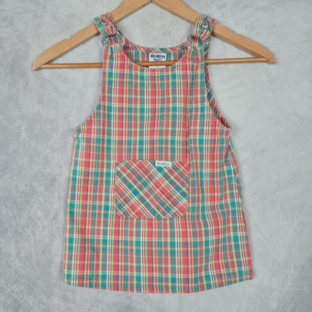 Vintage OshKosh B'gosh Overall Dress Girls 4T Plaid Cotton Jumper Made USA 90s
